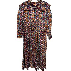 Briton court long sleeve cotton multicolor pattern midi dress XS
